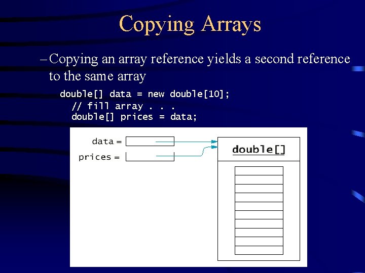 Copying Arrays – Copying an array reference yields a second reference to the same