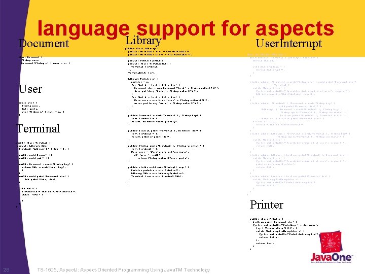 language. Library support for aspects Document class Document { String name; Document(String n) {