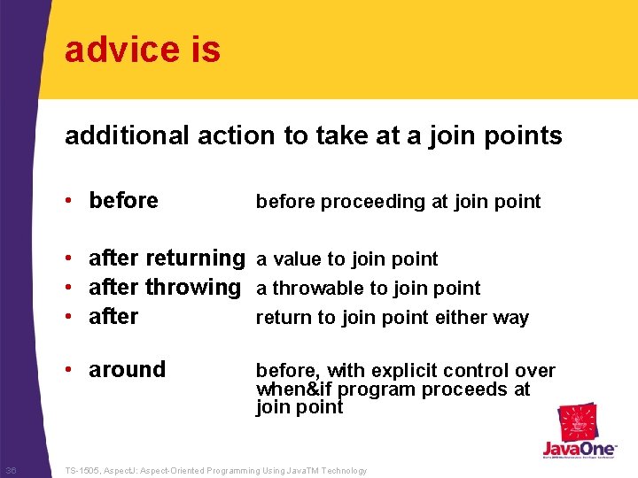 advice is additional action to take at a join points • before proceeding at