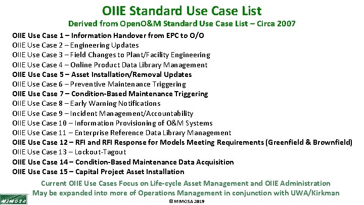 OIIE Standard Use Case List Derived from Open. O&M Standard Use Case List –