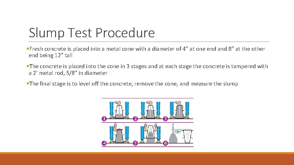 Slump Test Procedure §Fresh concrete is placed into a metal cone with a diameter