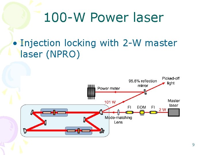 100 -W Power laser • Injection locking with 2 -W master laser (NPRO) 9