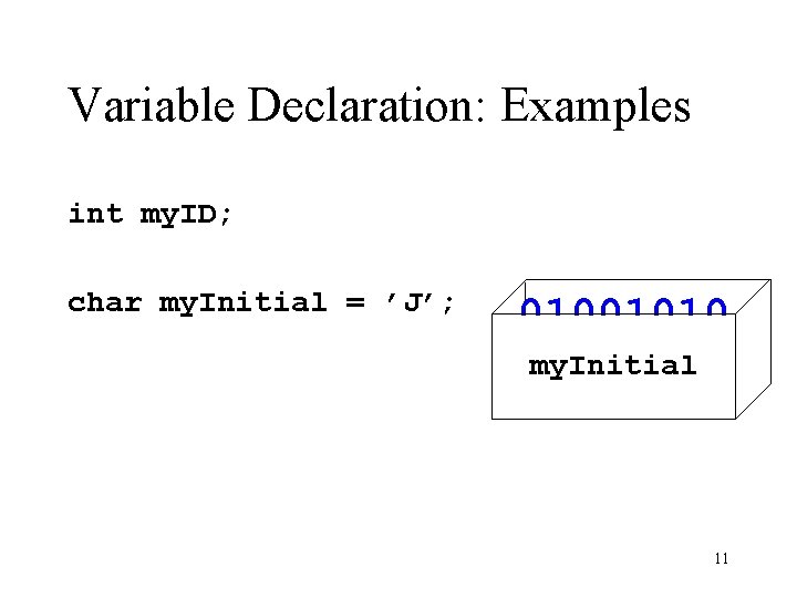 Variable Declaration: Examples int my. ID; char my. Initial = ’J’; 01001010 my. Initial Variable Declaration: Examples int my. ID; char my. Initial = ’J’; 01001010 my. Initial