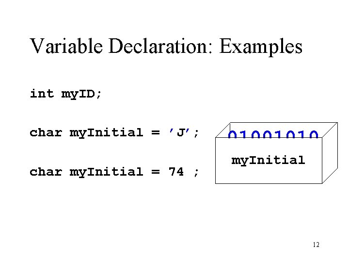 Variable Declaration: Examples int my. ID; char my. Initial = ’J’; char my. Initial Variable Declaration: Examples int my. ID; char my. Initial = ’J’; char my. Initial