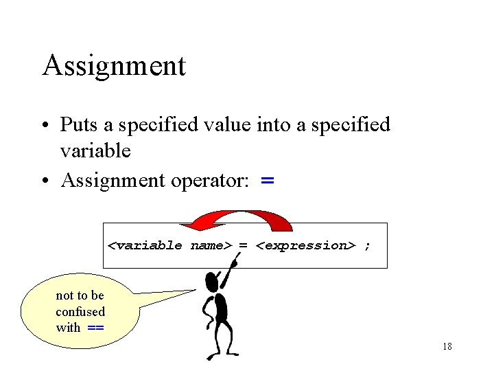 Assignment • Puts a specified value into a specified variable • Assignment operator: = Assignment • Puts a specified value into a specified variable • Assignment operator: =