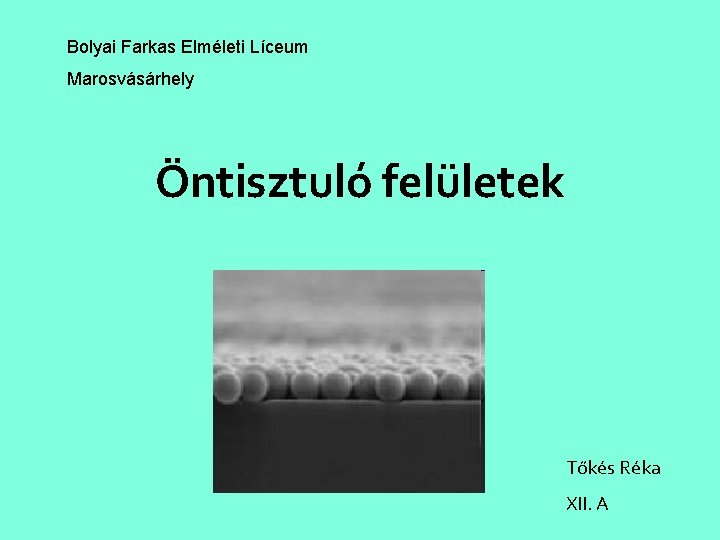 Bolyai Farkas Elméleti Líceum Marosvásárhely Öntisztuló felületek Tőkés Réka XII. A 