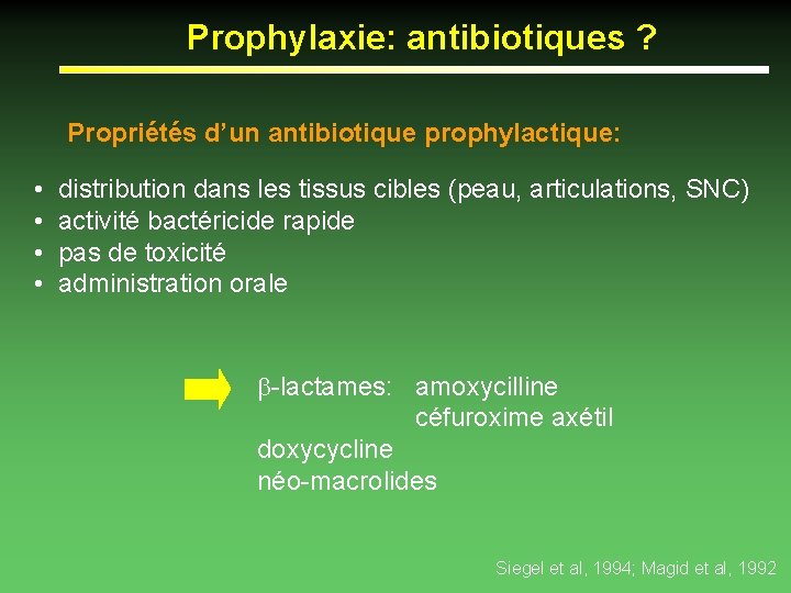 Prophylaxie: antibiotiques ? Propriétés d’un antibiotique prophylactique: • • distribution dans les tissus cibles