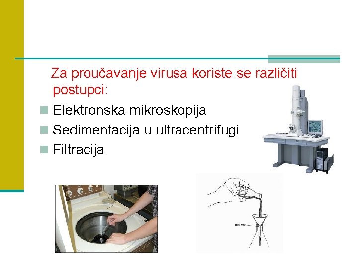 Za proučavanje virusa koriste se različiti postupci: n Elektronska mikroskopija n Sedimentacija u ultracentrifugi