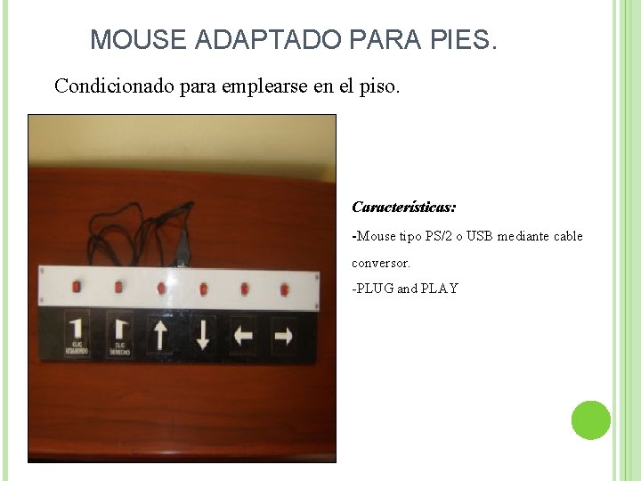 MOUSE ADAPTADO PARA PIES. Condicionado para emplearse en el piso. Características: -Mouse tipo PS/2