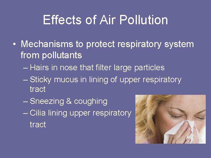 Effects of Air Pollution • Mechanisms to protect respiratory system from pollutants – Hairs