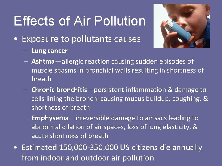 Effects of Air Pollution • Exposure to pollutants causes – Lung cancer – Ashtma—allergic