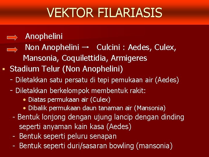 VEKTOR FILARIASIS Anophelini Non Anophelini Culcini : Aedes, Culex, Mansonia, Coquilettidia, Armigeres § Stadium
