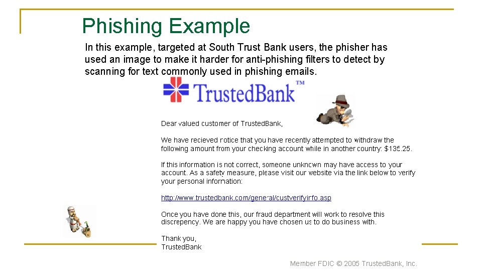 Phishing Example In this example, targeted at South Trust Bank users, the phisher has
