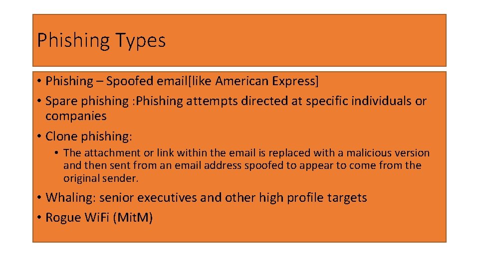 Phishing Types • Phishing – Spoofed email[like American Express] • Spare phishing : Phishing