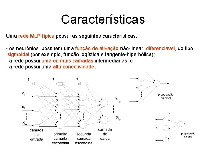 Características Uma rede MLP típica possui as seguintes características: - os neurônios possuem uma