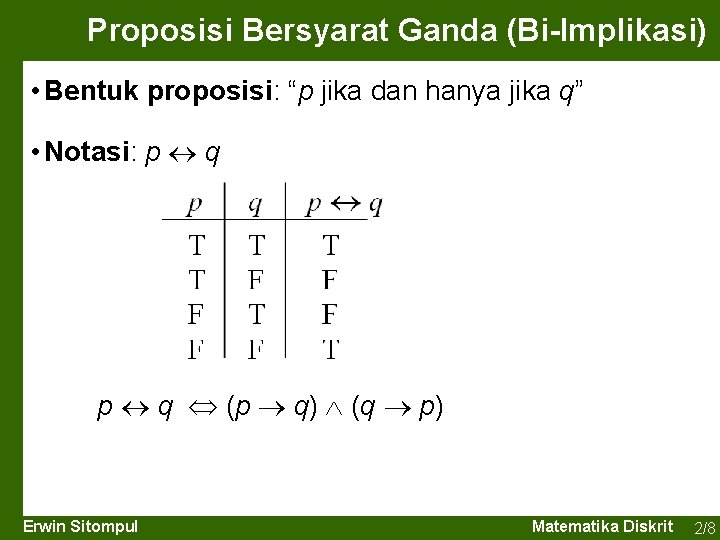 Proposisi Bersyarat Ganda (Bi-Implikasi) • Bentuk proposisi: “p jika dan hanya jika q” •