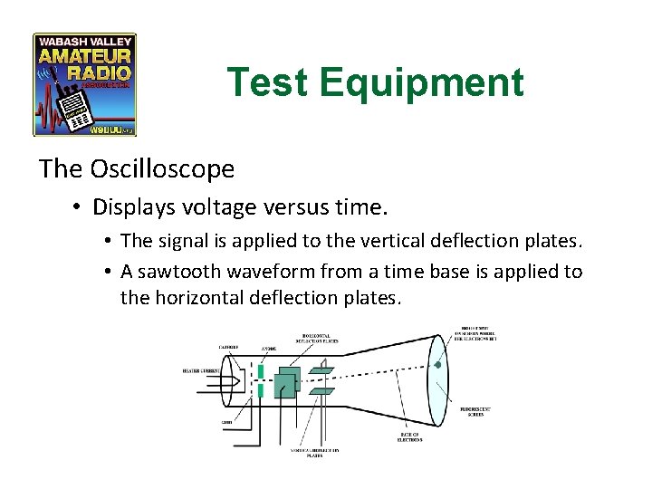 Test Equipment The Oscilloscope • Displays voltage versus time. • The signal is applied