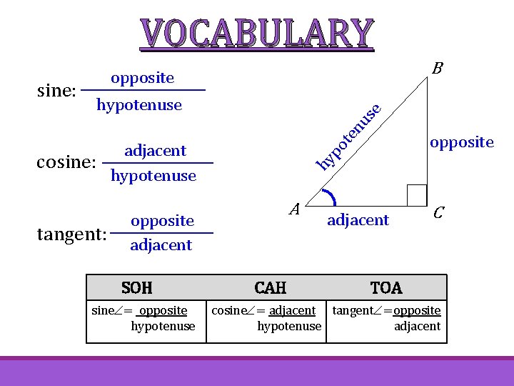 VOCABULARY opposite e hypotenuse en us sine: B tangent: A opposite adjacent SOH sine