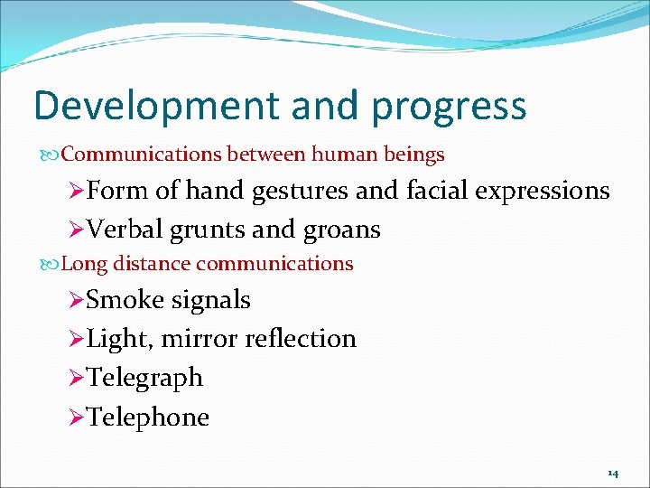Development and progress Communications between human beings ØForm of hand gestures and facial expressions