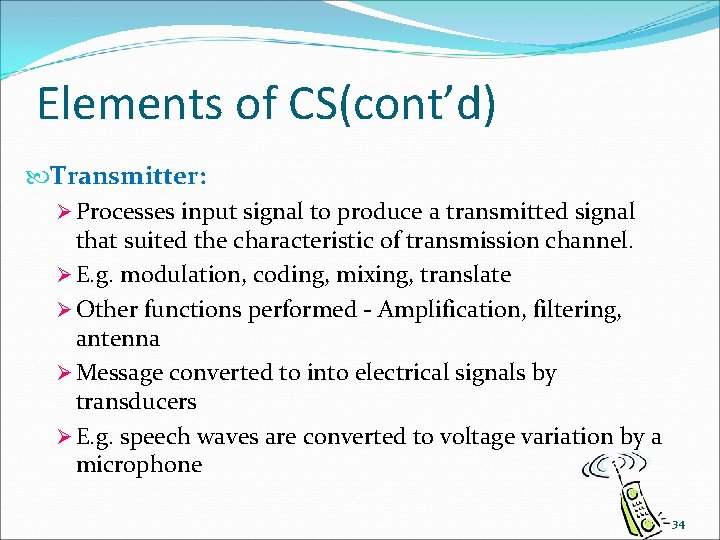 Elements of CS(cont’d) Transmitter: Ø Processes input signal to produce a transmitted signal that