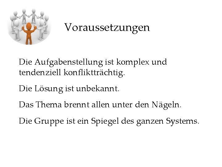 Voraussetzungen Die Aufgabenstellung ist komplex und tendenziell konfliktträchtig. Die Lösung ist unbekannt. Das Thema