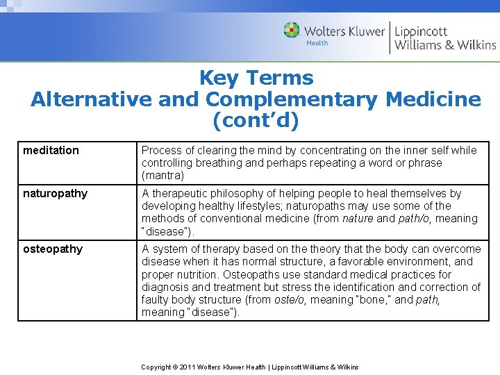 Key Terms Alternative and Complementary Medicine (cont’d) meditation Process of clearing the mind by