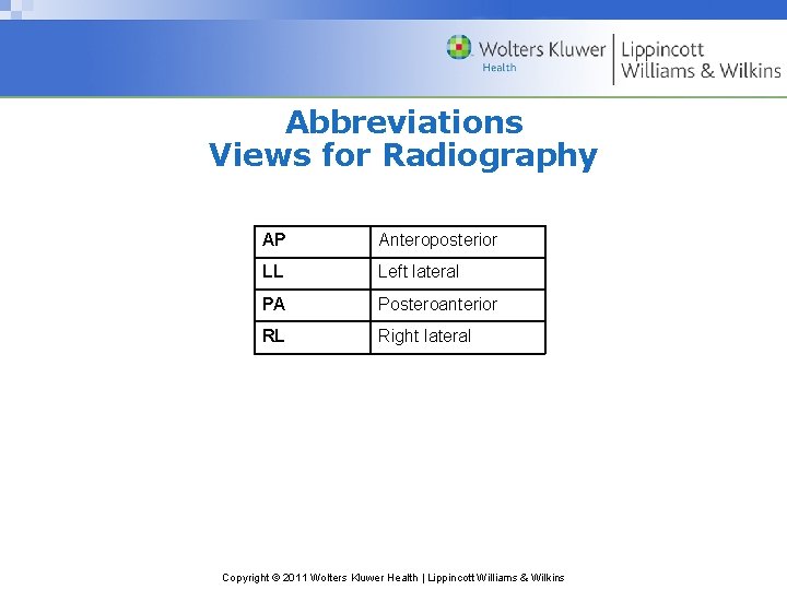 Abbreviations Views for Radiography AP Anteroposterior LL Left lateral PA Posteroanterior RL Right lateral