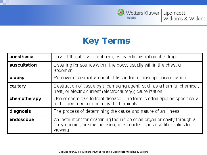 Key Terms anesthesia Loss of the ability to feel pain, as by administration of