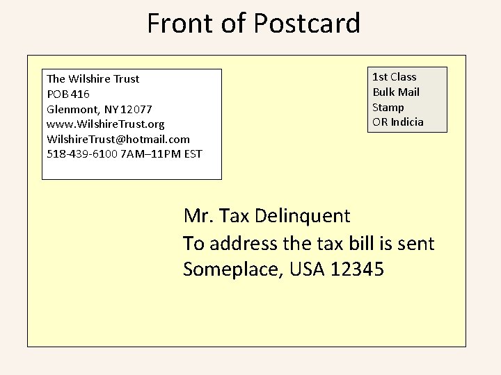 Front of Postcard The Wilshire Trust POB 416 Glenmont, NY 12077 www. Wilshire. Trust.