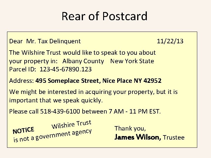 Rear of Postcard Dear Mr. Tax Delinquent 11/22/13 The Wilshire Trust would like to