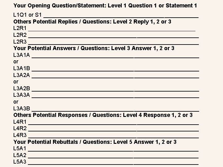 Your Opening Question/Statement: Level 1 Question 1 or Statement 1 L 1 Q 1