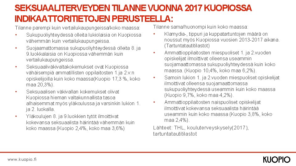 SEKSUAALITERVEYDEN TILANNE VUONNA 2017 KUOPIOSSA INDIKAATTORITIETOJEN PERUSTEELLA: Tilanne parempi kuin vertailukaupungeissa/koko maassa: • Sukupuoliyhteydessä