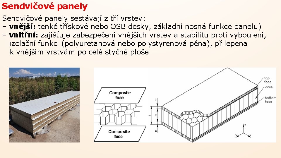 Sendvičové panely sestávají z tří vrstev: – vnější: tenké třískové nebo OSB desky, základní