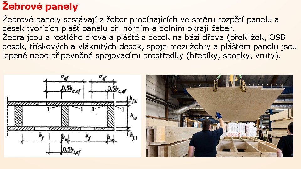 Žebrové panely sestávají z žeber probíhajících ve směru rozpětí panelu a desek tvořících plášť