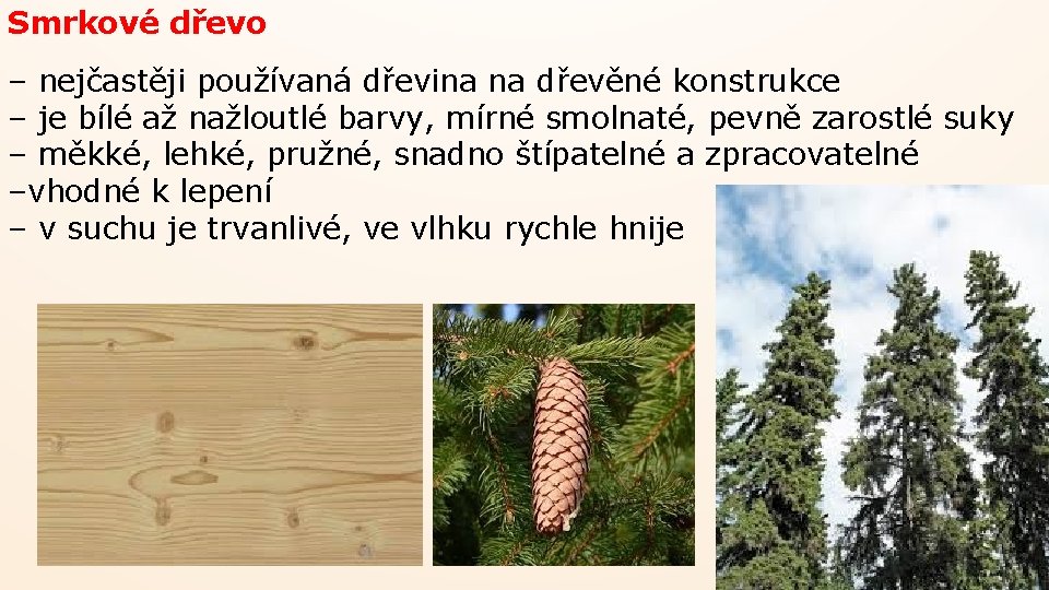 Smrkové dřevo – nejčastěji používaná dřevina na dřevěné konstrukce – je bílé až nažloutlé