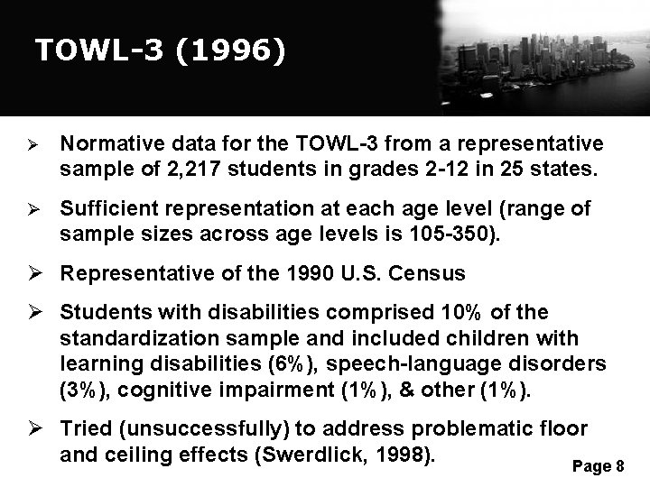 TOWL-3 (1996) Ø Normative data for the TOWL-3 from a representative sample of 2, TOWL-3 (1996) Ø Normative data for the TOWL-3 from a representative sample of 2,