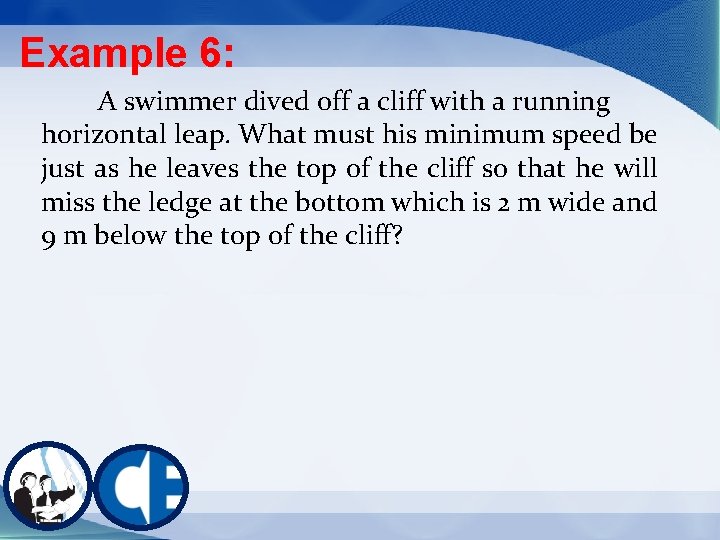 Example 6: A swimmer dived off a cliff with a running horizontal leap. What