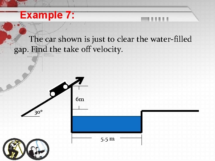 Example 7: The car shown is just to clear the water-filled gap. Find the