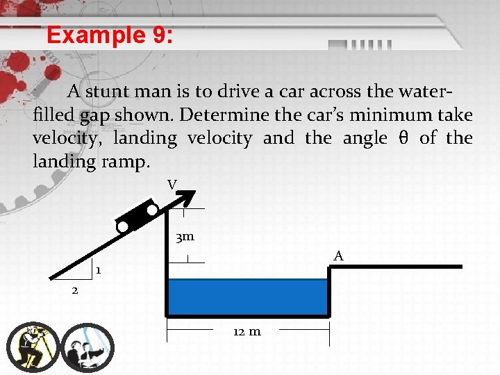 Example 9: A stunt man is to drive a car across the waterfilled gap