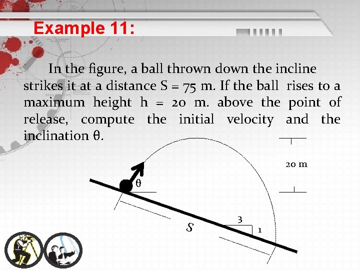 Example 11: In the figure, a ball thrown down the incline strikes it at