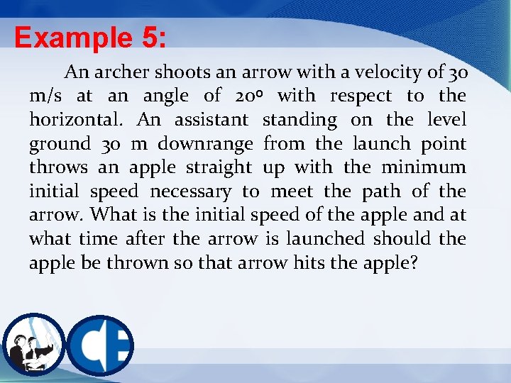 Example 5: An archer shoots an arrow with a velocity of 30 m/s at