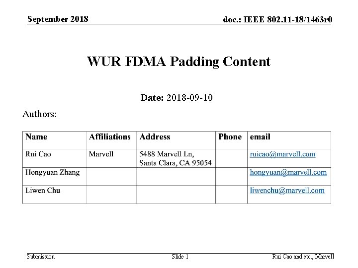 September 2018 doc. : IEEE 802. 11 -18/1463 r 0 WUR FDMA Padding Content