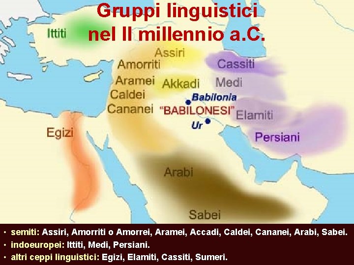Gruppi linguistici nel II millennio a. C. • semiti: Assiri, Amorriti o Amorrei, Aramei,