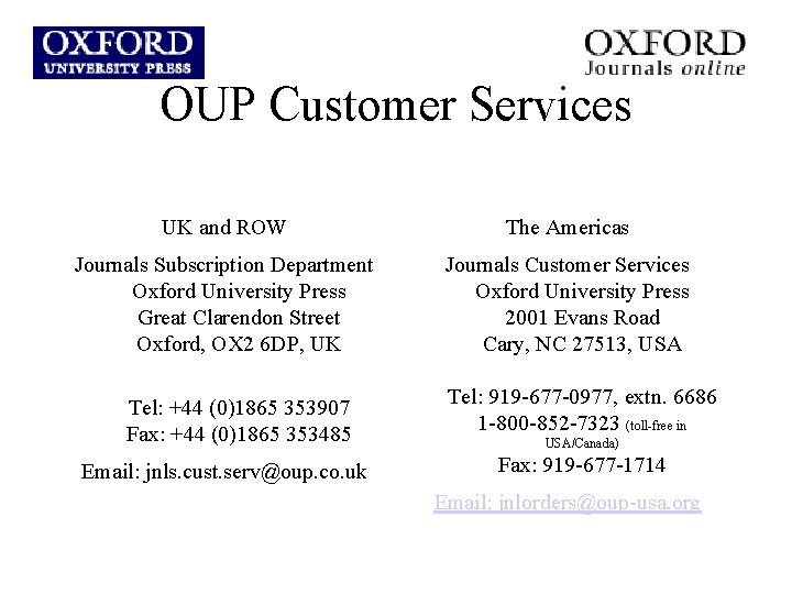 OUP Customer Services UK and ROW The Americas Journals Subscription Department Oxford University Press