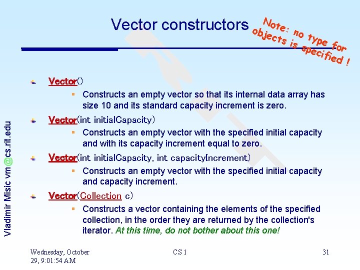 Vector constructors ob. Nj ote: no ect s typ e is s pec for