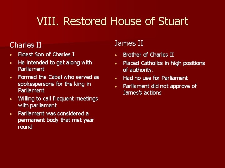 VIII. Restored House of Stuart Charles II • • • Eldest Son of Charles
