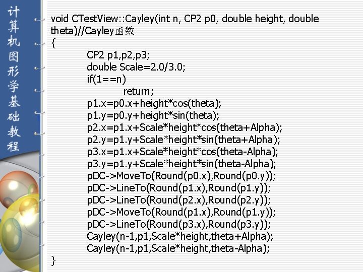 void CTest. View: : Cayley(int n, CP 2 p 0, double height, double theta)//Cayley函数