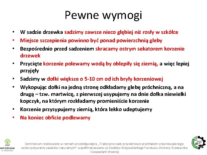 Pewne wymogi • W sadzie drzewka sadzimy zawsze nieco głębiej niż rosły w szkółce