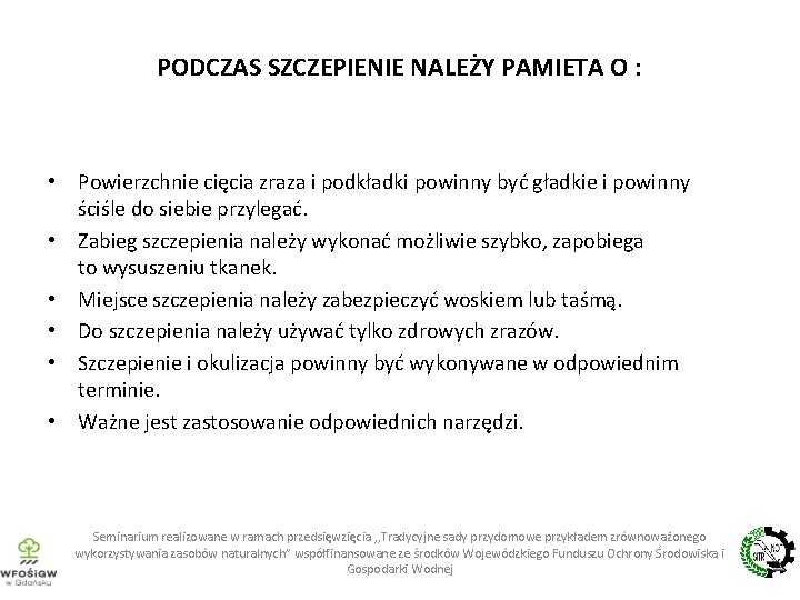 PODCZAS SZCZEPIENIE NALEŻY PAMIETA O : • Powierzchnie cięcia zraza i podkładki powinny być