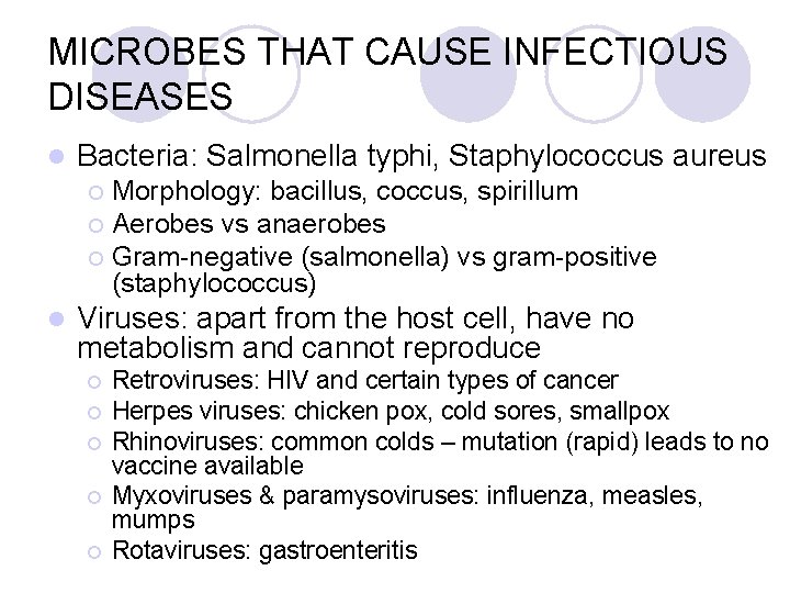 MICROBES THAT CAUSE INFECTIOUS DISEASES l Bacteria: Salmonella typhi, Staphylococcus aureus Morphology: bacillus, coccus,